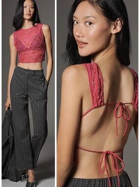 Anthropologie LyreBird High-Neck Sequin Sheer Tie-Back Top Size M NWT